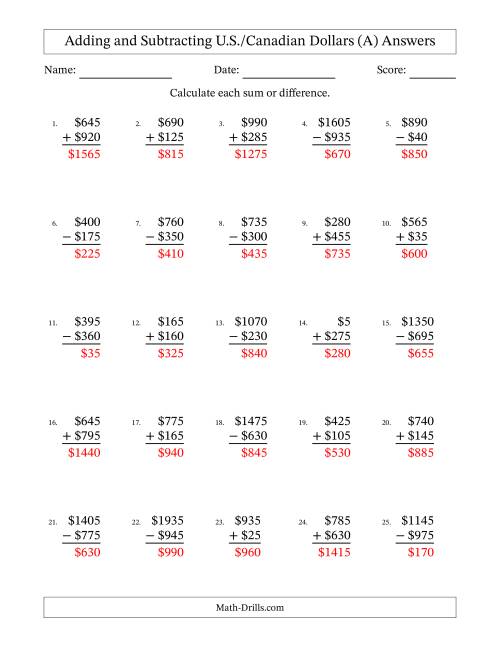 The Adding and Subtracting U.S./Canadian Dollars With Amounts from 5 to 995 in Increments of Five Dollars (A) Math Worksheet Page 2