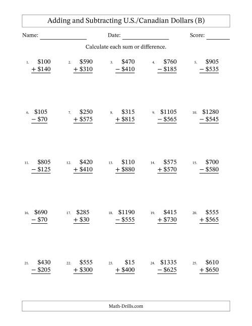 The Adding and Subtracting U.S./Canadian Dollars With Amounts from 5 to 995 in Increments of Five Dollars (B) Math Worksheet