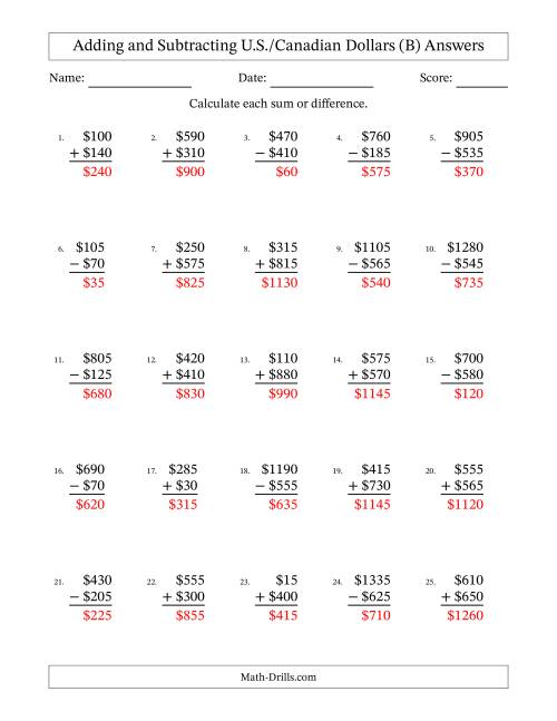 The Adding and Subtracting U.S./Canadian Dollars With Amounts from 5 to 995 in Increments of Five Dollars (B) Math Worksheet Page 2