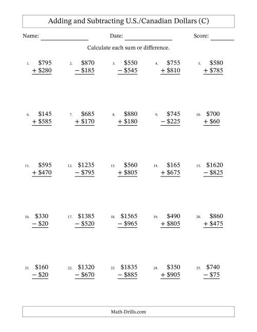 The Adding and Subtracting U.S./Canadian Dollars With Amounts from 5 to 995 in Increments of Five Dollars (C) Math Worksheet