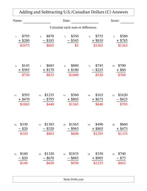 The Adding and Subtracting U.S./Canadian Dollars With Amounts from 5 to 995 in Increments of Five Dollars (C) Math Worksheet Page 2