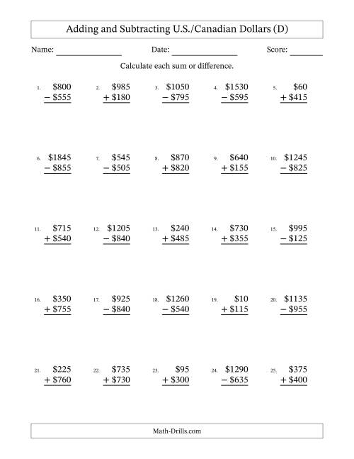 The Adding and Subtracting U.S./Canadian Dollars With Amounts from 5 to 995 in Increments of Five Dollars (D) Math Worksheet