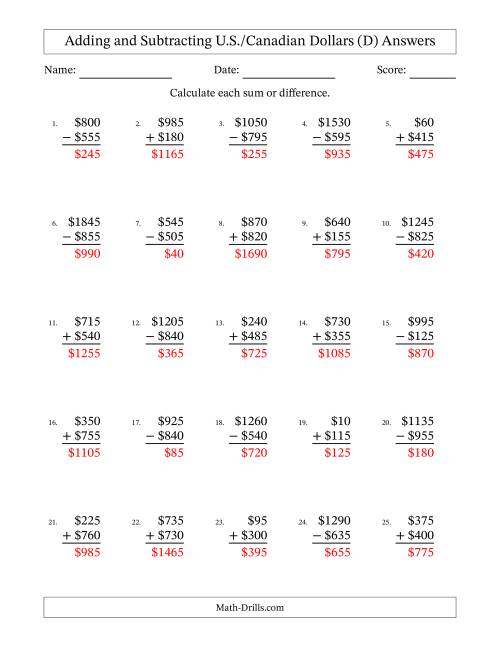 The Adding and Subtracting U.S./Canadian Dollars With Amounts from 5 to 995 in Increments of Five Dollars (D) Math Worksheet Page 2