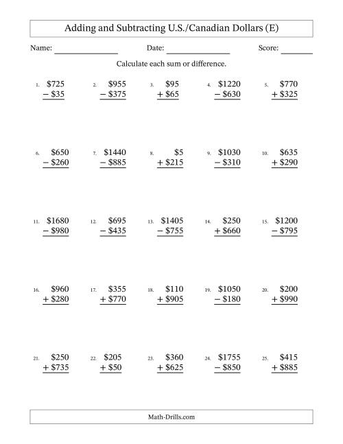 The Adding and Subtracting U.S./Canadian Dollars With Amounts from 5 to 995 in Increments of Five Dollars (E) Math Worksheet