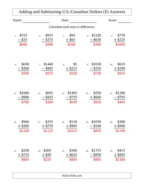 The Adding and Subtracting U.S./Canadian Dollars With Amounts from 5 to 995 in Increments of Five Dollars (E) Math Worksheet Page 2