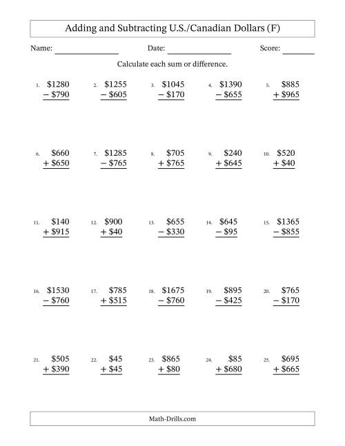 The Adding and Subtracting U.S./Canadian Dollars With Amounts from 5 to 995 in Increments of Five Dollars (F) Math Worksheet