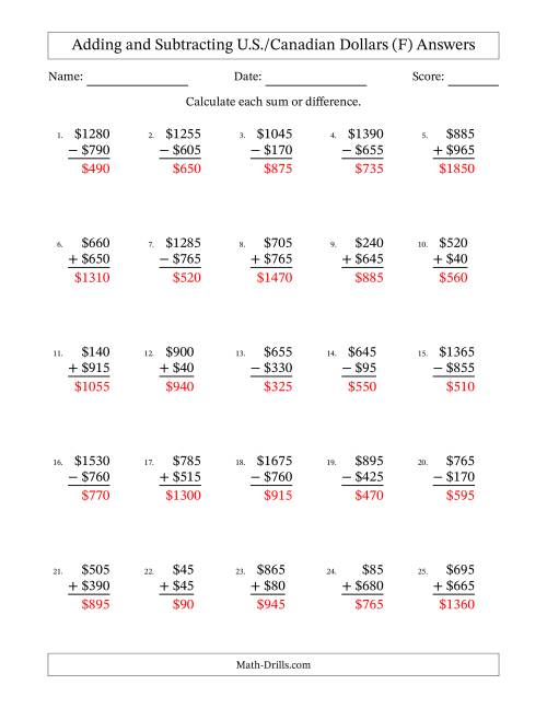 The Adding and Subtracting U.S./Canadian Dollars With Amounts from 5 to 995 in Increments of Five Dollars (F) Math Worksheet Page 2