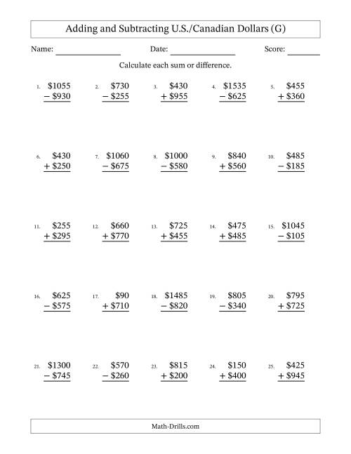 The Adding and Subtracting U.S./Canadian Dollars With Amounts from 5 to 995 in Increments of Five Dollars (G) Math Worksheet