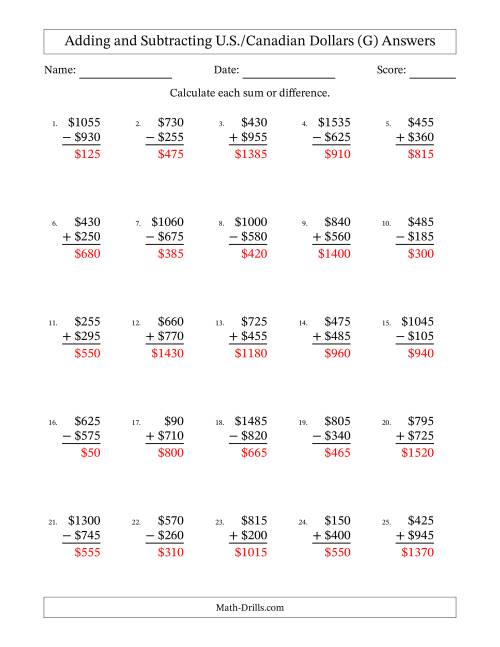 The Adding and Subtracting U.S./Canadian Dollars With Amounts from 5 to 995 in Increments of Five Dollars (G) Math Worksheet Page 2