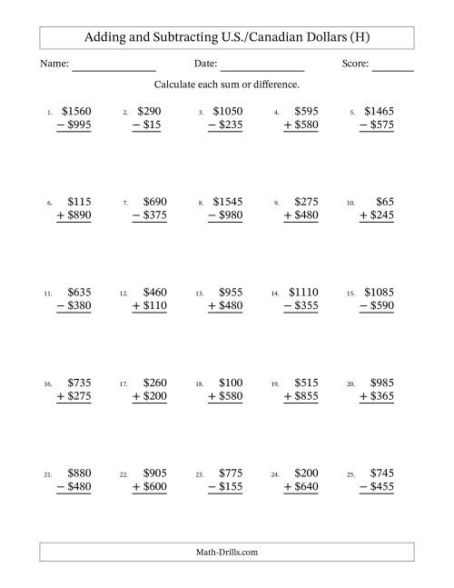 The Adding and Subtracting U.S./Canadian Dollars With Amounts from 5 to 995 in Increments of Five Dollars (H) Math Worksheet