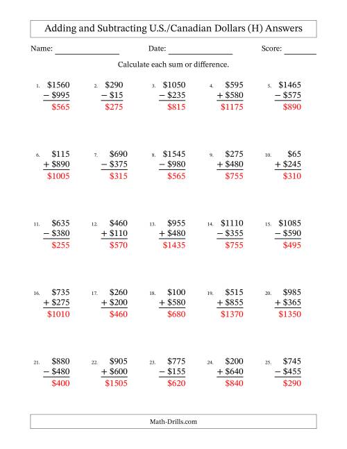 The Adding and Subtracting U.S./Canadian Dollars With Amounts from 5 to 995 in Increments of Five Dollars (H) Math Worksheet Page 2