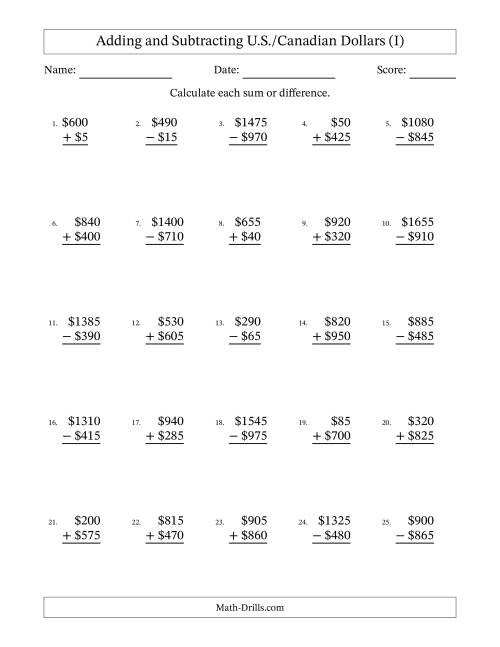 The Adding and Subtracting U.S./Canadian Dollars With Amounts from 5 to 995 in Increments of Five Dollars (I) Math Worksheet