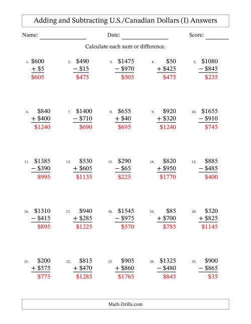 The Adding and Subtracting U.S./Canadian Dollars With Amounts from 5 to 995 in Increments of Five Dollars (I) Math Worksheet Page 2