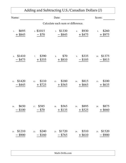 The Adding and Subtracting U.S./Canadian Dollars With Amounts from 5 to 995 in Increments of Five Dollars (J) Math Worksheet