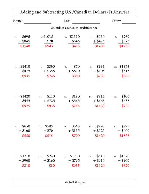 The Adding and Subtracting U.S./Canadian Dollars With Amounts from 5 to 995 in Increments of Five Dollars (J) Math Worksheet Page 2