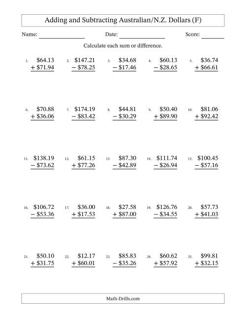 The Adding and Subtracting Australian/N.Z. Dollars With Amounts from 10.00 to 99.99 in Increments of One Cent (F) Math Worksheet