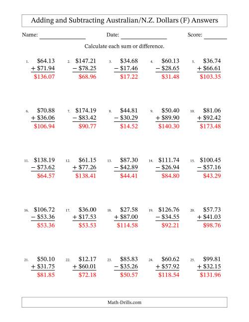 The Adding and Subtracting Australian/N.Z. Dollars With Amounts from 10.00 to 99.99 in Increments of One Cent (F) Math Worksheet Page 2