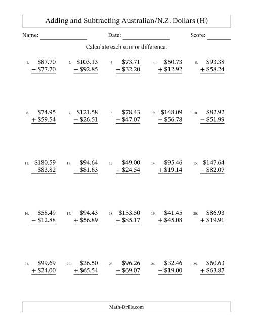 The Adding and Subtracting Australian/N.Z. Dollars With Amounts from 10.00 to 99.99 in Increments of One Cent (H) Math Worksheet