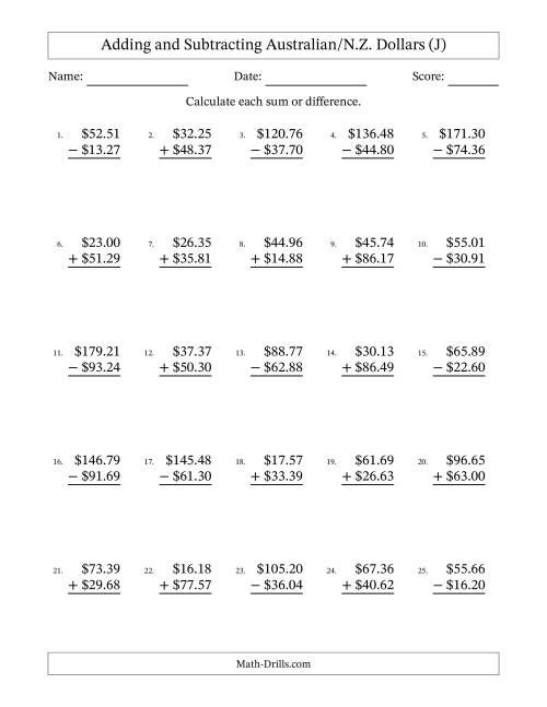 The Adding and Subtracting Australian/N.Z. Dollars With Amounts from 10.00 to 99.99 in Increments of One Cent (J) Math Worksheet