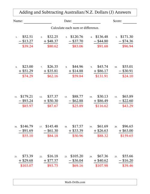 The Adding and Subtracting Australian/N.Z. Dollars With Amounts from 10.00 to 99.99 in Increments of One Cent (J) Math Worksheet Page 2