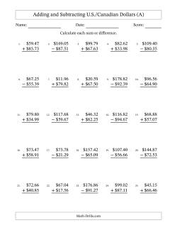 Adding and Subtracting U.S./Canadian Dollars With Amounts from 10.00 to 99.99 in Increments of One Cent