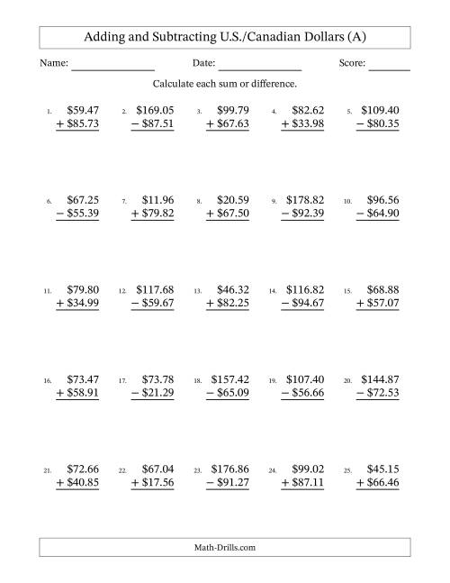 The Adding and Subtracting U.S./Canadian Dollars With Amounts from 10.00 to 99.99 in Increments of One Cent (A) Math Worksheet