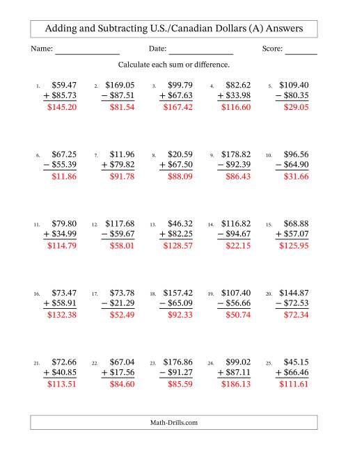 The Adding and Subtracting U.S./Canadian Dollars With Amounts from 10.00 to 99.99 in Increments of One Cent (A) Math Worksheet Page 2