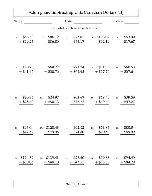 The Adding and Subtracting U.S./Canadian Dollars With Amounts from 10.00 to 99.99 in Increments of One Cent (B) Math Worksheet