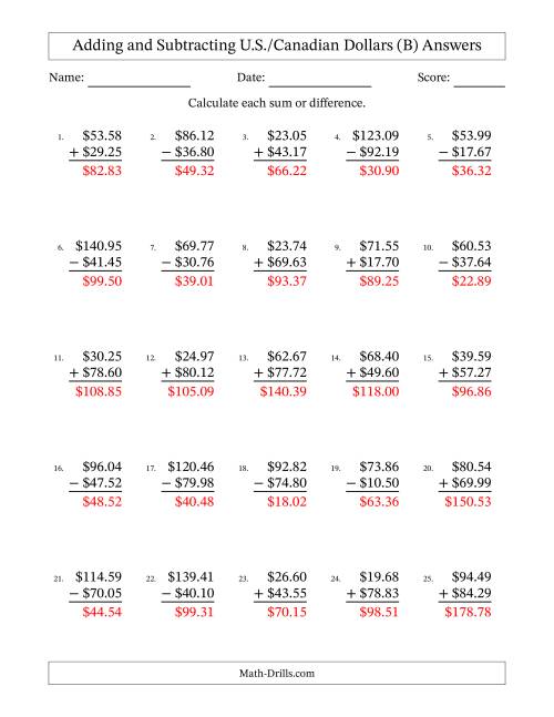 The Adding and Subtracting U.S./Canadian Dollars With Amounts from 10.00 to 99.99 in Increments of One Cent (B) Math Worksheet Page 2