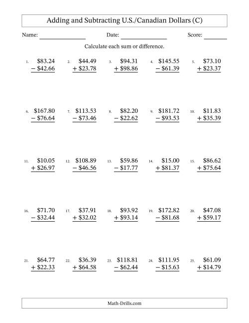 The Adding and Subtracting U.S./Canadian Dollars With Amounts from 10.00 to 99.99 in Increments of One Cent (C) Math Worksheet