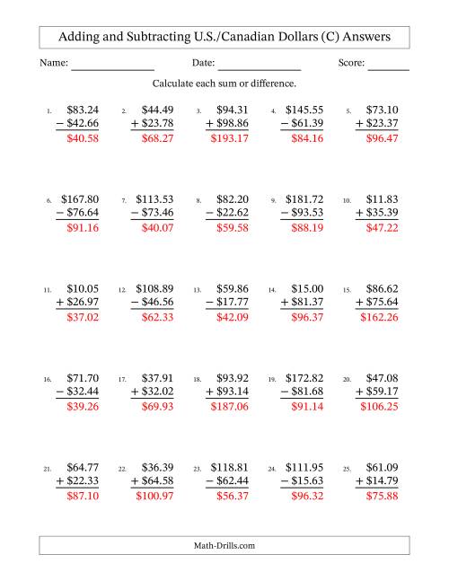 The Adding and Subtracting U.S./Canadian Dollars With Amounts from 10.00 to 99.99 in Increments of One Cent (C) Math Worksheet Page 2