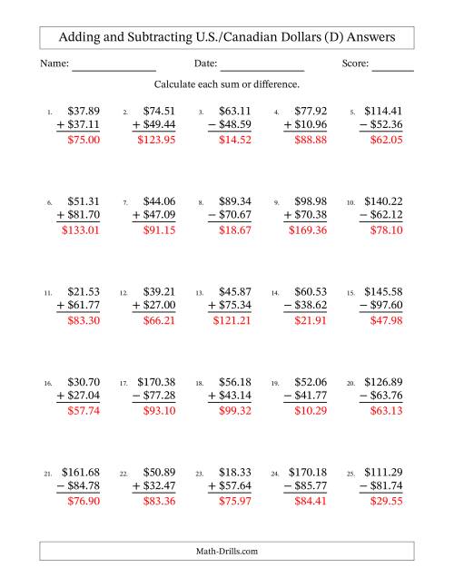 The Adding and Subtracting U.S./Canadian Dollars With Amounts from 10.00 to 99.99 in Increments of One Cent (D) Math Worksheet Page 2