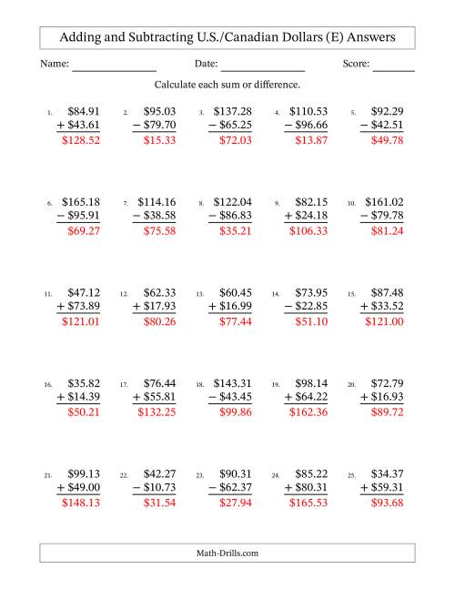 The Adding and Subtracting U.S./Canadian Dollars With Amounts from 10.00 to 99.99 in Increments of One Cent (E) Math Worksheet Page 2