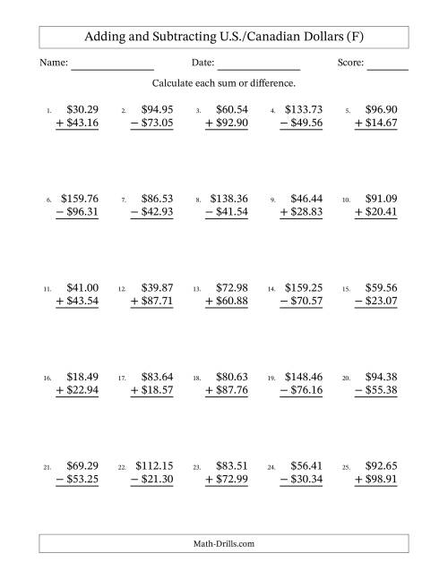 The Adding and Subtracting U.S./Canadian Dollars With Amounts from 10.00 to 99.99 in Increments of One Cent (F) Math Worksheet