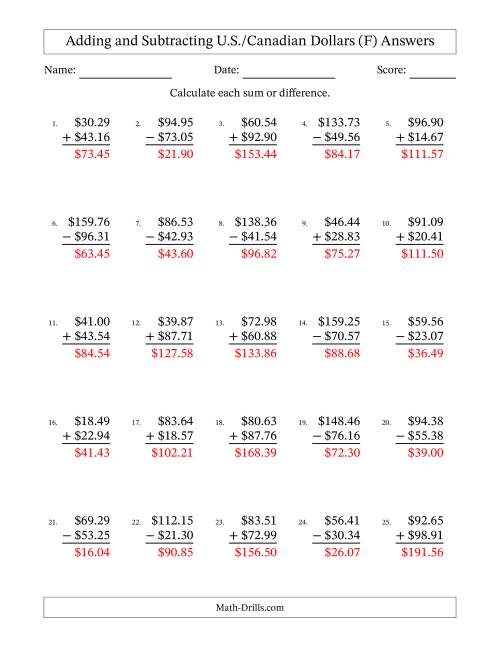 The Adding and Subtracting U.S./Canadian Dollars With Amounts from 10.00 to 99.99 in Increments of One Cent (F) Math Worksheet Page 2