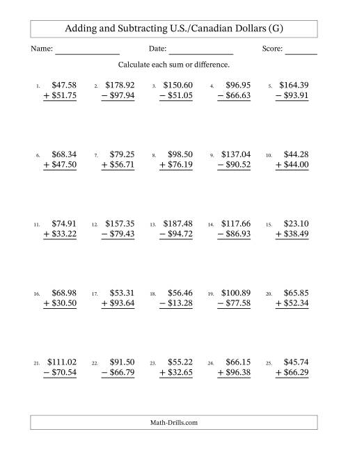 The Adding and Subtracting U.S./Canadian Dollars With Amounts from 10.00 to 99.99 in Increments of One Cent (G) Math Worksheet