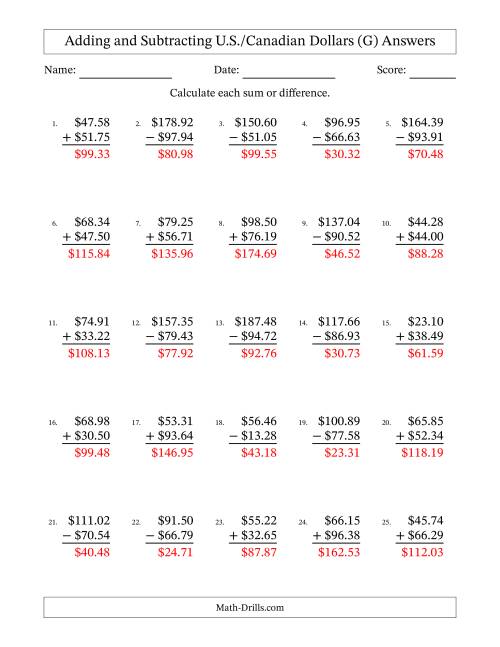 The Adding and Subtracting U.S./Canadian Dollars With Amounts from 10.00 to 99.99 in Increments of One Cent (G) Math Worksheet Page 2