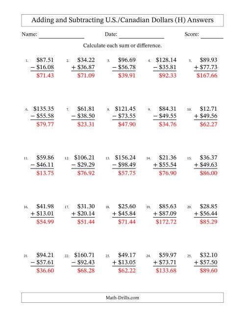 The Adding and Subtracting U.S./Canadian Dollars With Amounts from 10.00 to 99.99 in Increments of One Cent (H) Math Worksheet Page 2