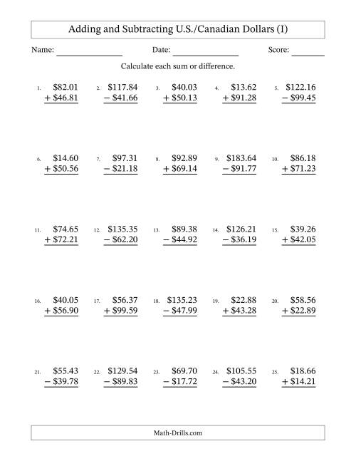 The Adding and Subtracting U.S./Canadian Dollars With Amounts from 10.00 to 99.99 in Increments of One Cent (I) Math Worksheet