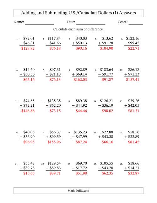 The Adding and Subtracting U.S./Canadian Dollars With Amounts from 10.00 to 99.99 in Increments of One Cent (I) Math Worksheet Page 2