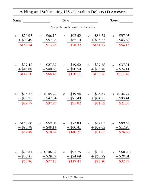 The Adding and Subtracting U.S./Canadian Dollars With Amounts from 10.00 to 99.99 in Increments of One Cent (J) Math Worksheet Page 2