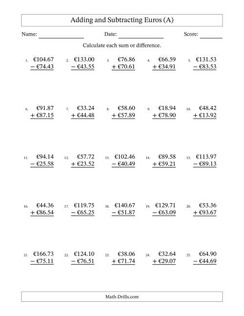 The Adding and Subtracting Euros With Amounts from 10.00 to 99.99 in Increments of One Euro Cent (A) Math Worksheet