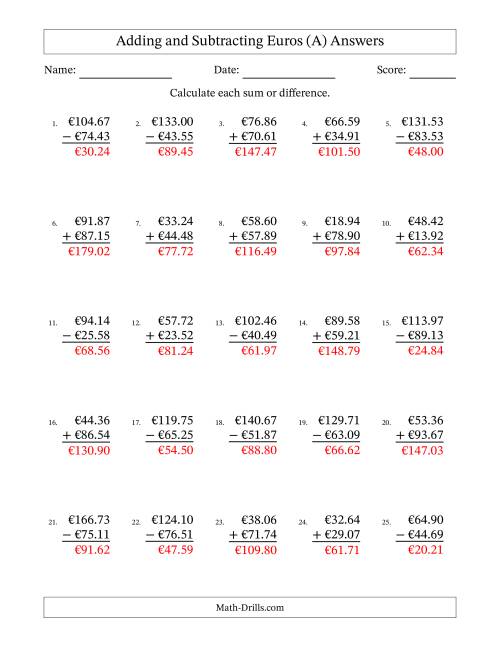 The Adding and Subtracting Euros With Amounts from 10.00 to 99.99 in Increments of One Euro Cent (A) Math Worksheet Page 2