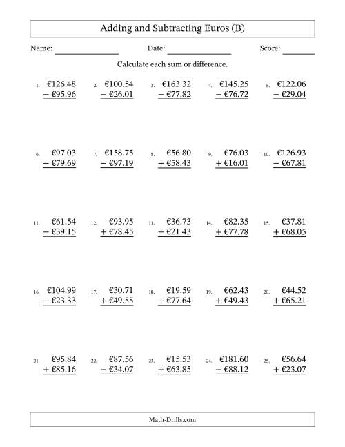 The Adding and Subtracting Euros With Amounts from 10.00 to 99.99 in Increments of One Euro Cent (B) Math Worksheet