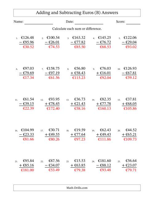 The Adding and Subtracting Euros With Amounts from 10.00 to 99.99 in Increments of One Euro Cent (B) Math Worksheet Page 2