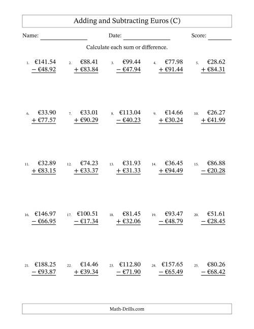 The Adding and Subtracting Euros With Amounts from 10.00 to 99.99 in Increments of One Euro Cent (C) Math Worksheet