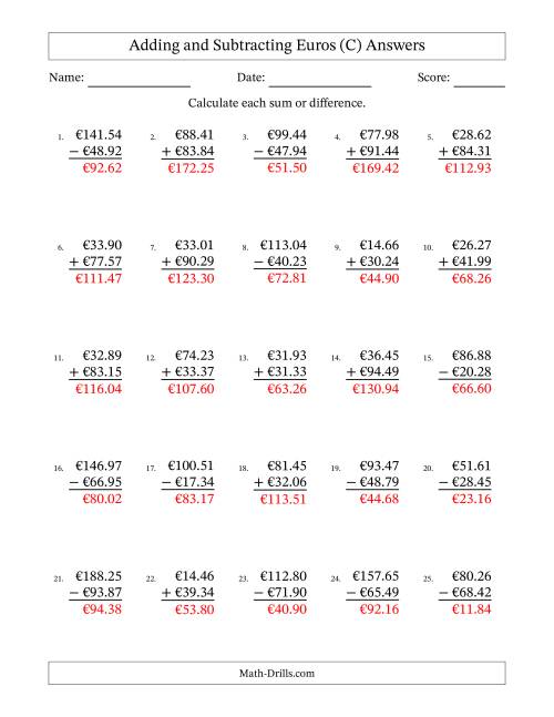 The Adding and Subtracting Euros With Amounts from 10.00 to 99.99 in Increments of One Euro Cent (C) Math Worksheet Page 2