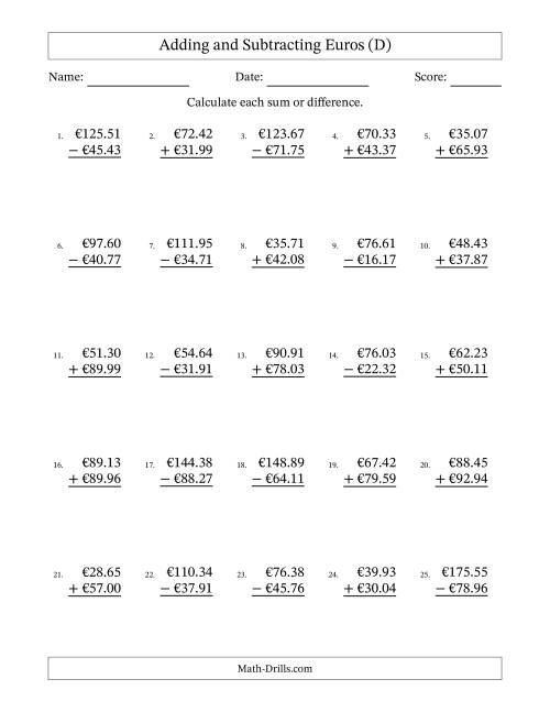 The Adding and Subtracting Euros With Amounts from 10.00 to 99.99 in Increments of One Euro Cent (D) Math Worksheet