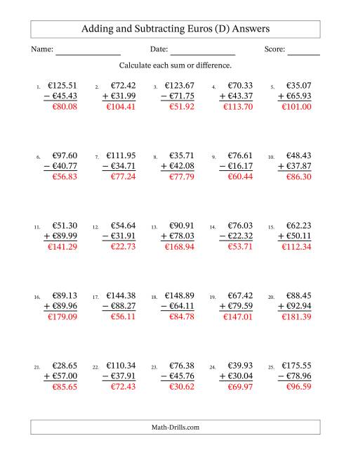 The Adding and Subtracting Euros With Amounts from 10.00 to 99.99 in Increments of One Euro Cent (D) Math Worksheet Page 2