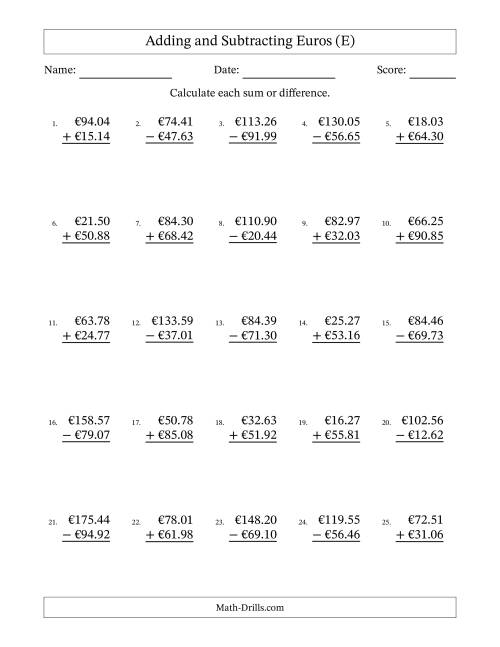 The Adding and Subtracting Euros With Amounts from 10.00 to 99.99 in Increments of One Euro Cent (E) Math Worksheet